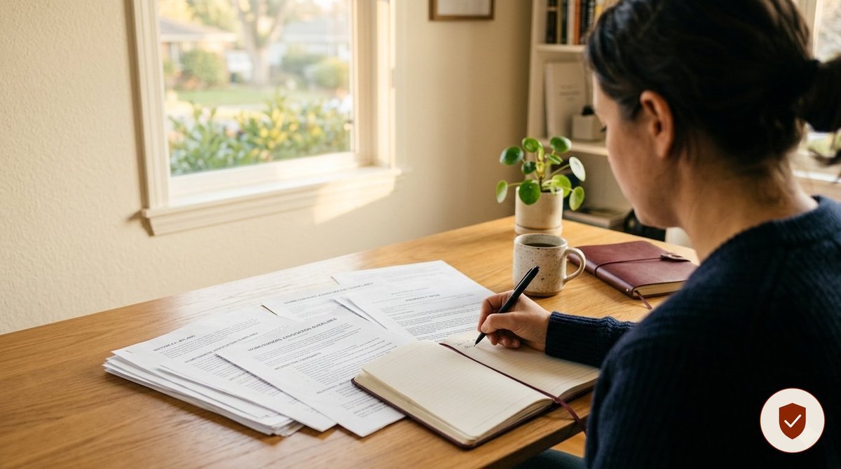 Homeowner reviewing HOA violation documents at desk