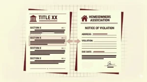 HOA notice beside state statute document &mdash; HOA fines and state law