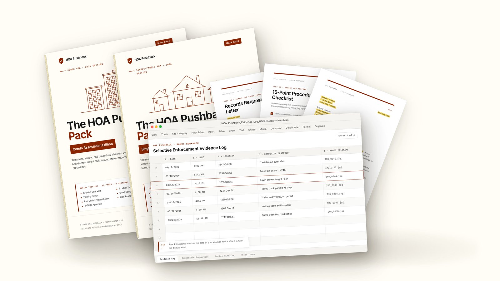 The HOA Pushback Pack: 2 PDF guides, 2 editable DOCX templates, and an Evidence Log spreadsheet